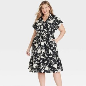 Ava & Viv Black White Floral Shirt Dress